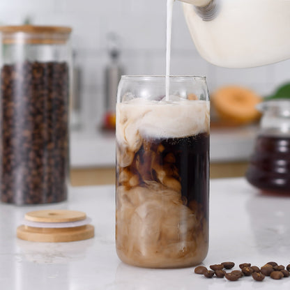 4 Pcs Drinking Glasses  with Bamboo Lids and Stainless Steel Straws - 16 oz Can Shaped Glasses, Lovely Tumbler Cups for Cocktails, Beer, Iced Coffee, Soda, Boba Tea, Including 1 Cleaning Brushe.