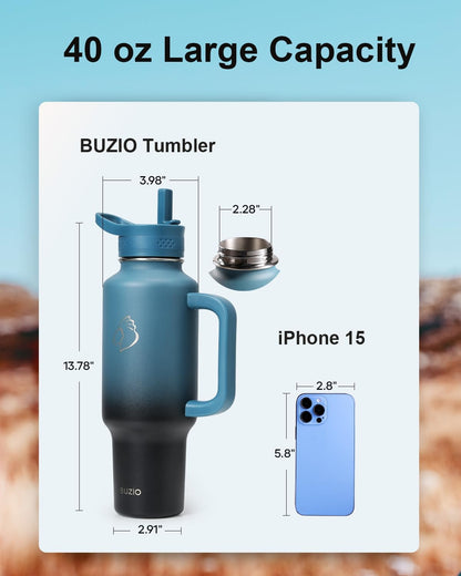 BUZIO 40 oz Water Bottle Fits in Cup Holder Insulated Tumbler with Handle Water Flask with 2 Lids Wide Mouth Travel Mug,Gradient Pink