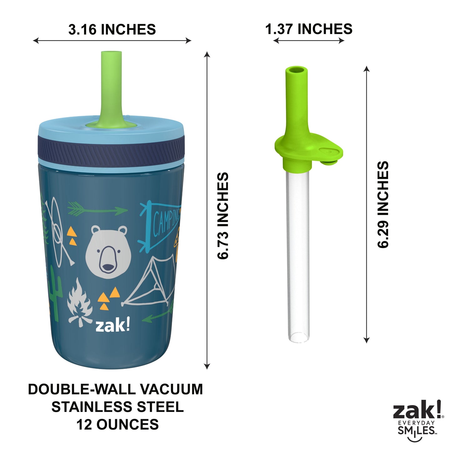 Zak Designs 12oz and 15oz Kelso Straw Tumbler Set, 12oz Stainless Steel and 15oz Plastic, 2 Cups and 1 Bonus Straw, Leakproof and Perfect for Kids, Campout and Camping