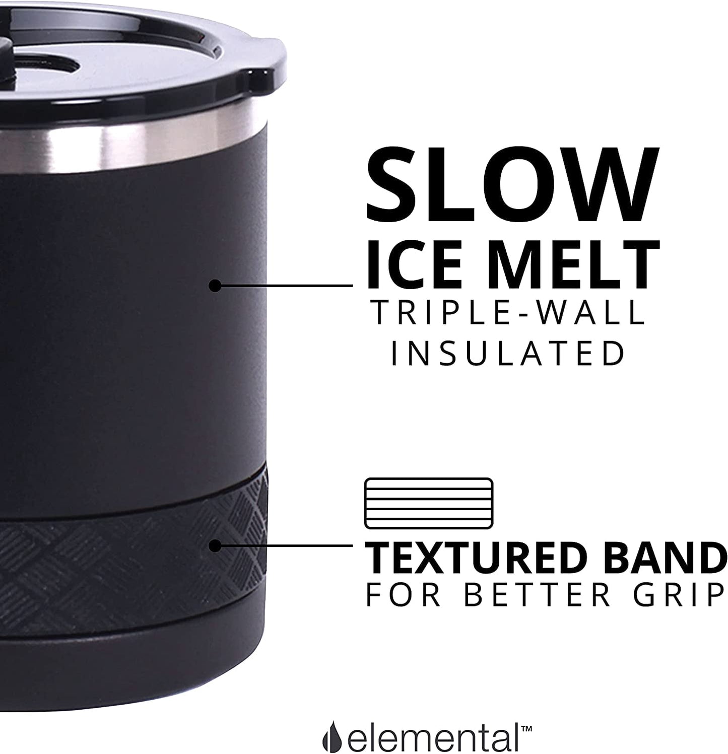 Elemental Recess Lowball Tumbler Set of 2, 10oz Triple Wall Stainless Steel Cup with Non-Shattered Tritan Lid, Insulated Whiskey Glass, Insulated Coffee Tumbler Mug for Hot & Cold Drinks - Black