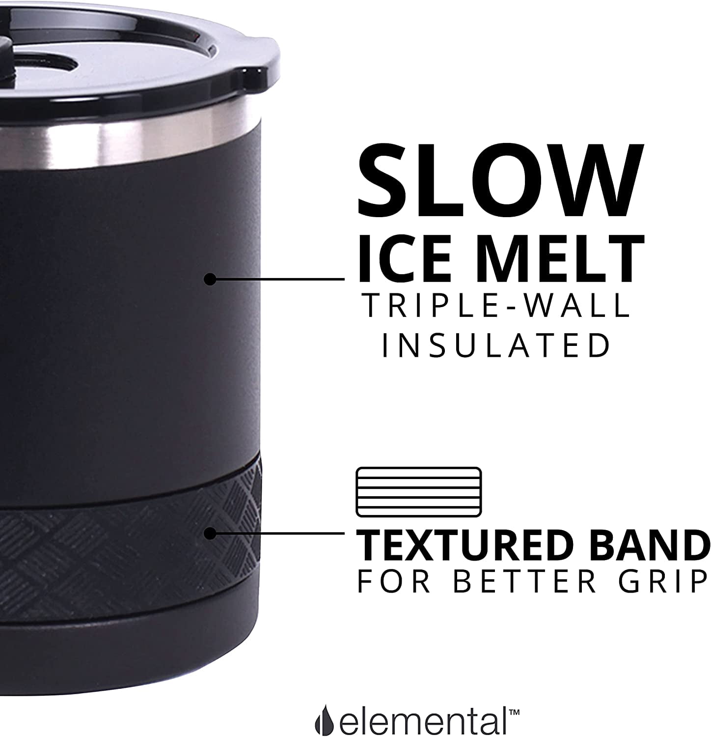 Elemental Recess Lowball Tumbler Set of 2, 10oz Triple Wall Stainless Steel Cup with Non-Shattered Tritan Lid, Insulated Whiskey Glass, Insulated Coffee Tumbler Mug for Hot & Cold Drinks - Black