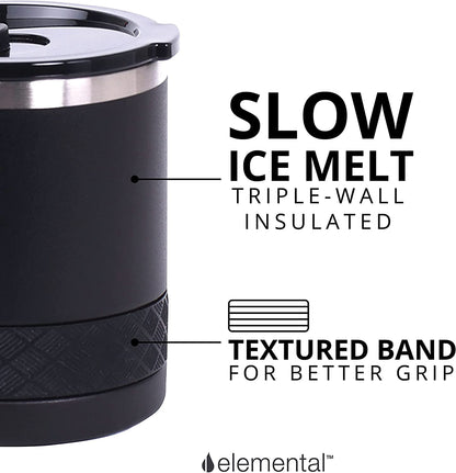 Elemental Recess Lowball Tumbler Set of 2, 10oz Triple Wall Stainless Steel Cup with Non-Shattered Tritan Lid, Insulated Whiskey Glass, Insulated Coffee Tumbler Mug for Hot & Cold Drinks - Black