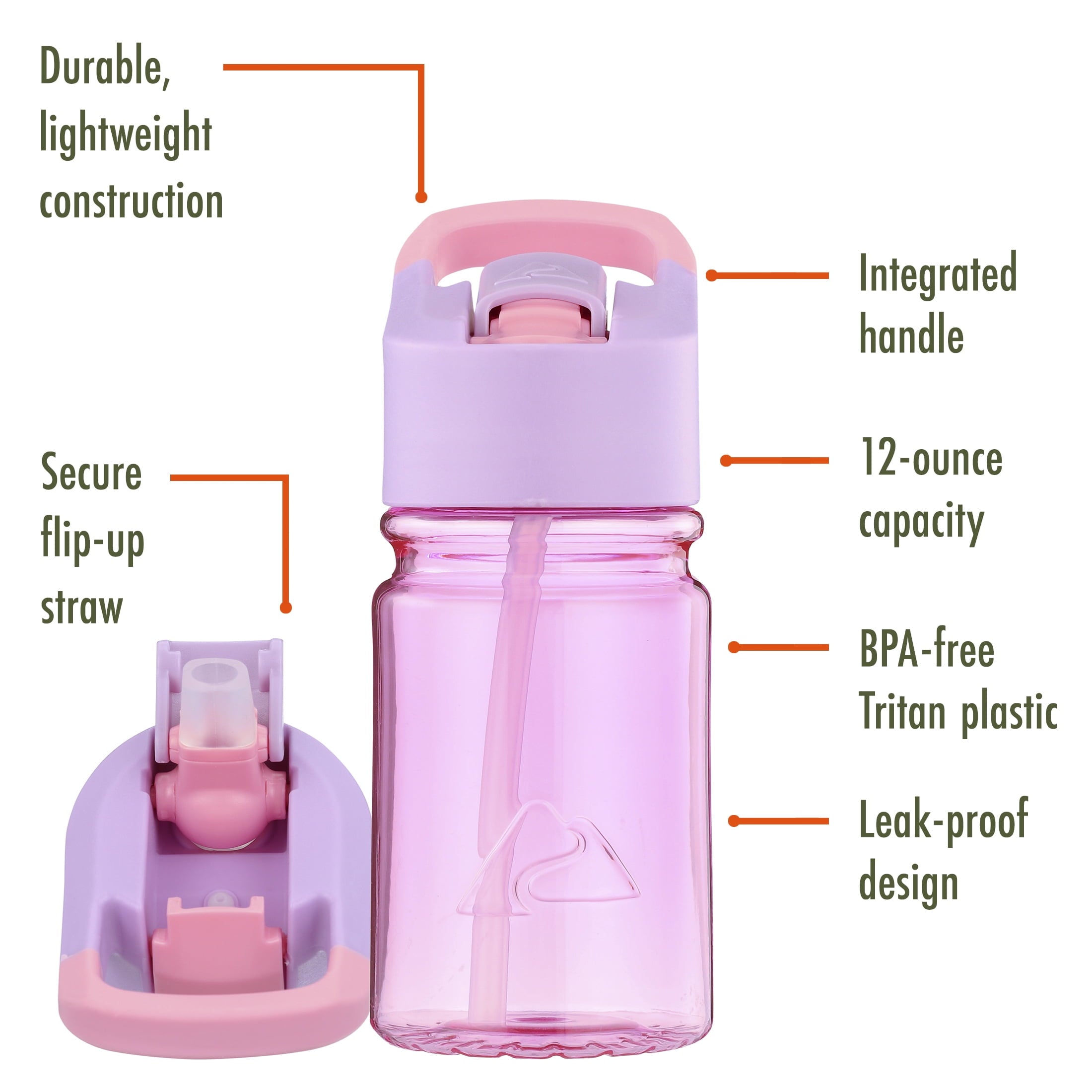 (3 pack) Ozark Trail 12 oz Tritan Plastic Flip-Top Water Bottle, Purple and Pink