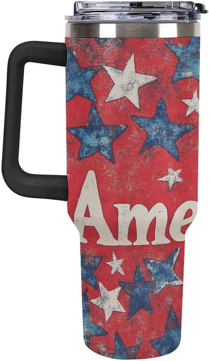 40 Oz Tumbler with Handle And Straw Red, White, And Blue America Stars Leak-proof Travel Coffee Mug Stainless Steel Insulated Cup Memorial Day Patriotic Gifts for Women & Men