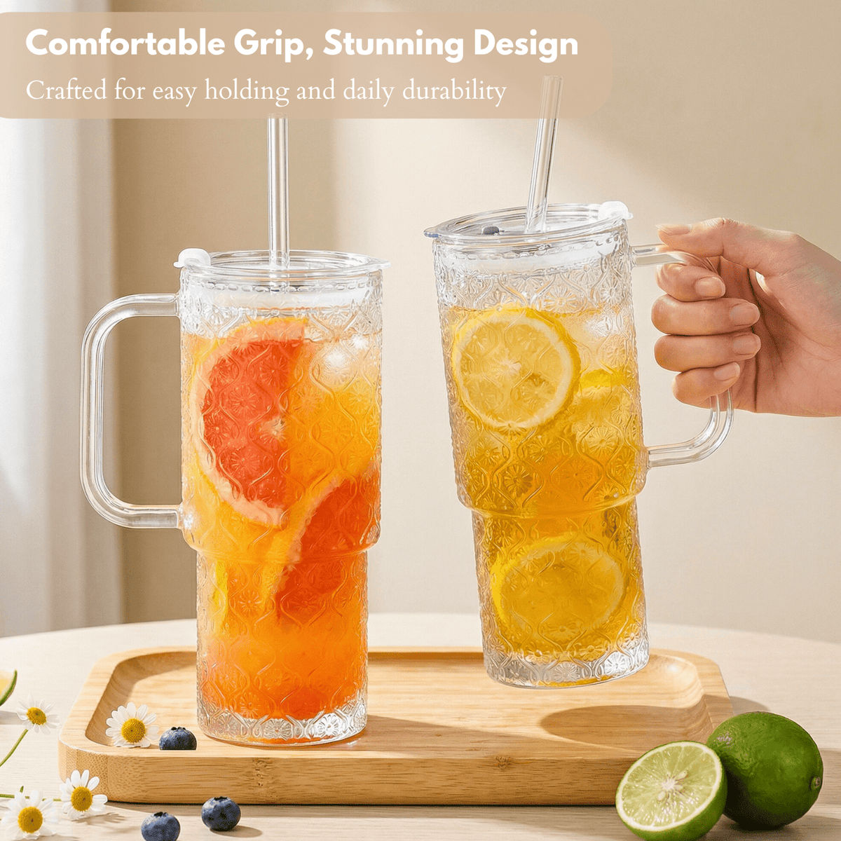 20 oz Glass Tumbler with Lid and Straw, Glass Iced Coffee Cups, Spill-proof Glasses Tumbler with Handle, Glasses Drinking Set of 4, Vintage Glassware for Cocktail, Juice, Smoothies
