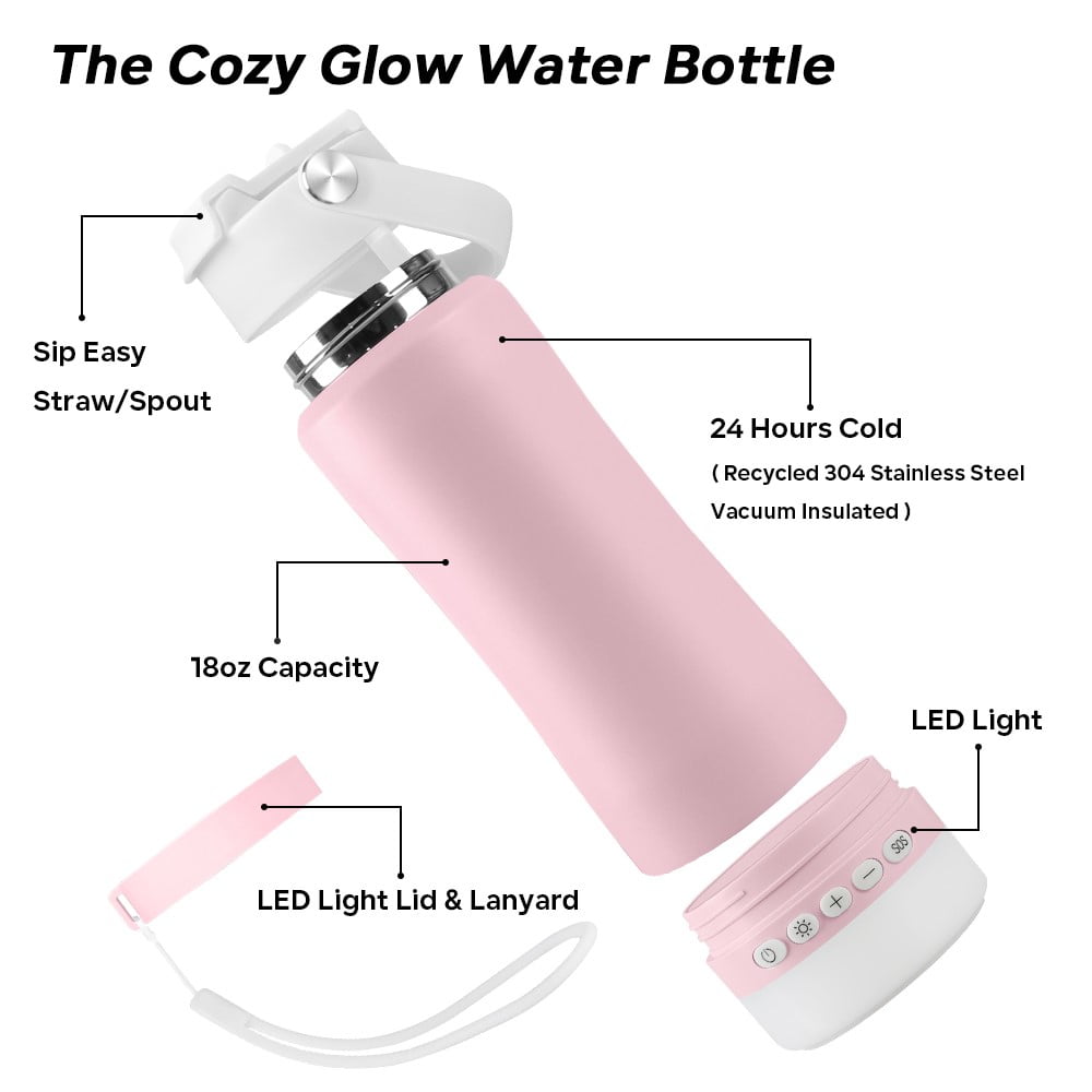 MYONAZ Insulated Water Bottle with Lantern, 18oz Stainless Steel Tumbler with Detachable Camping Light for Night Activities(Pink)