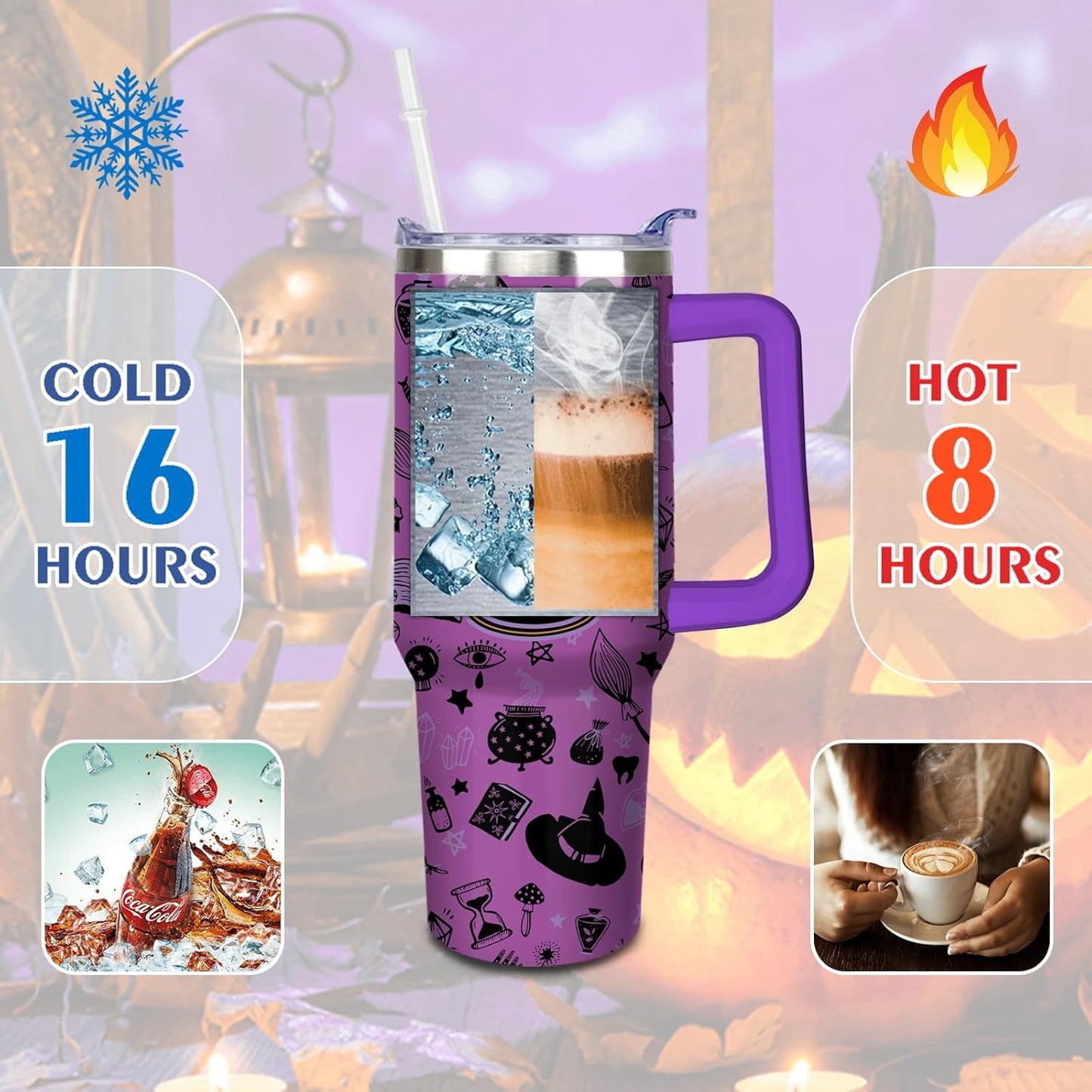Halloween Tumbler 40 oz Halloween Tumblers with Handle and Straw Purple Witchy Stainless Steel Insulated Coffee Cups Mugs Halloween Gifts Stuff for Women Girls