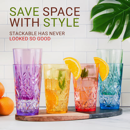 Bravario Royal Plastic Drinking Tumbler, Dishwasher-Safe BPA-Free Water Glasses, Durable Mixed Colors Assorted Stackable Cups, 18 oz Set of 6