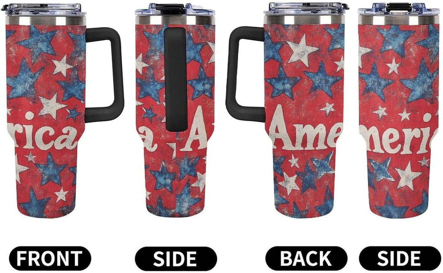 40 Oz Tumbler with Handle And Straw Red, White, And Blue America Stars Leak-proof Travel Coffee Mug Stainless Steel Insulated Cup Memorial Day Patriotic Gifts for Women & Men
