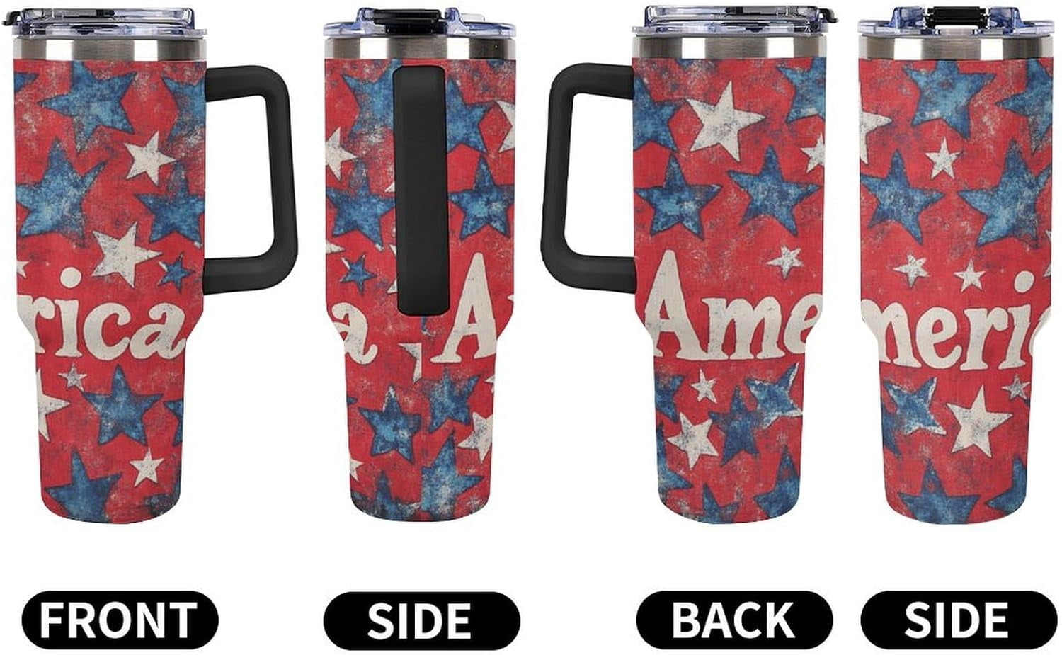 40 Oz Tumbler with Handle And Straw Red, White, And Blue America Stars Leak-proof Travel Coffee Mug Stainless Steel Insulated Cup Memorial Day Patriotic Gifts for Women & Men