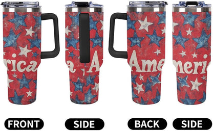 40 Oz Tumbler with Handle And Straw Red, White, And Blue America Stars Leak-proof Travel Coffee Mug Stainless Steel Insulated Cup Memorial Day Patriotic Gifts for Women & Men