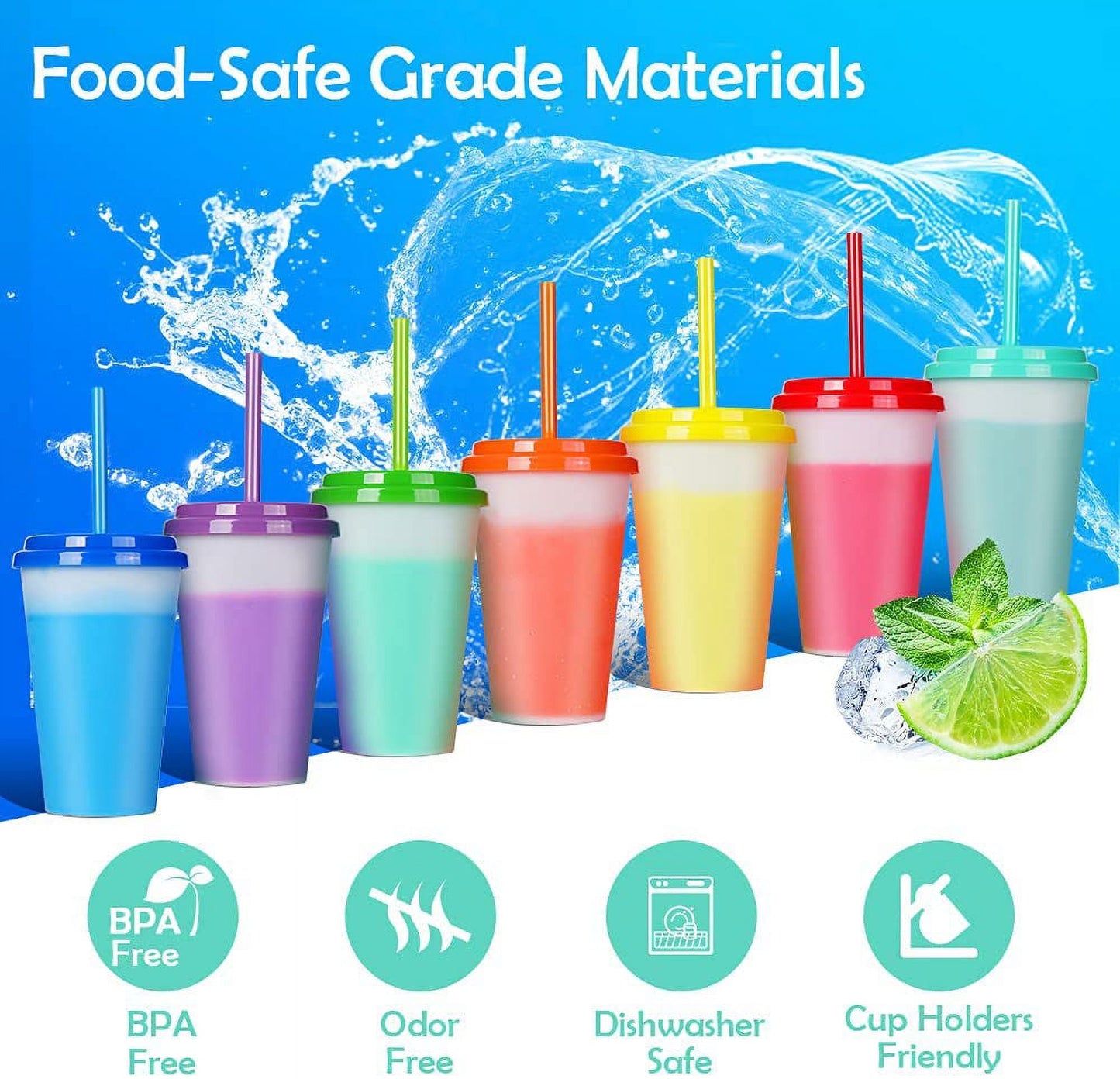 Nogis Plastic Cups with Lids and Straws 10Pack 12oz Reusable Color Changing Cups for Adult Kids Cold Coffee Drinking Tumblers Summer Party Cups