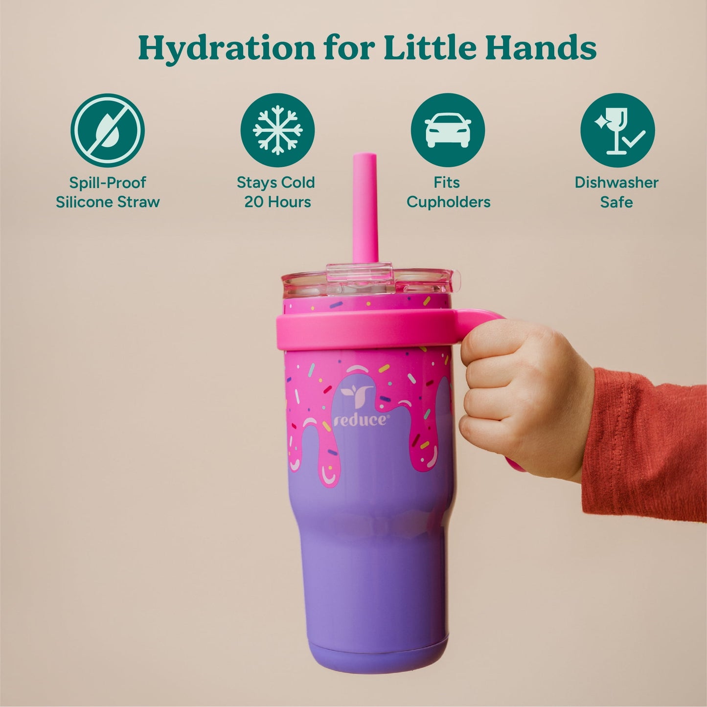 Reduce Coldee Kids Insulated Tumbler with Straw, 18oz Stainless Steel Spill-Proof Cup with Handle, Ice Cream