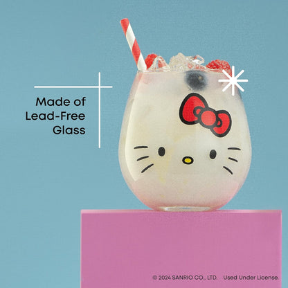 JoyJolt Sanrio Hello Kitty & Friends Hello Sippy Drinking Glasses, 15 oz Stemless Glass Cups Set of 4 ft Hello Kitty Keroppi My Melody Pompompurin, Cute Glasses for Water, Juice, Kawaii Tumbler