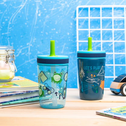 Zak Designs 12oz and 15oz Kelso Straw Tumbler Set, 12oz Stainless Steel and 15oz Plastic, 2 Cups and 1 Bonus Straw, Leakproof and Perfect for Kids, Campout and Camping
