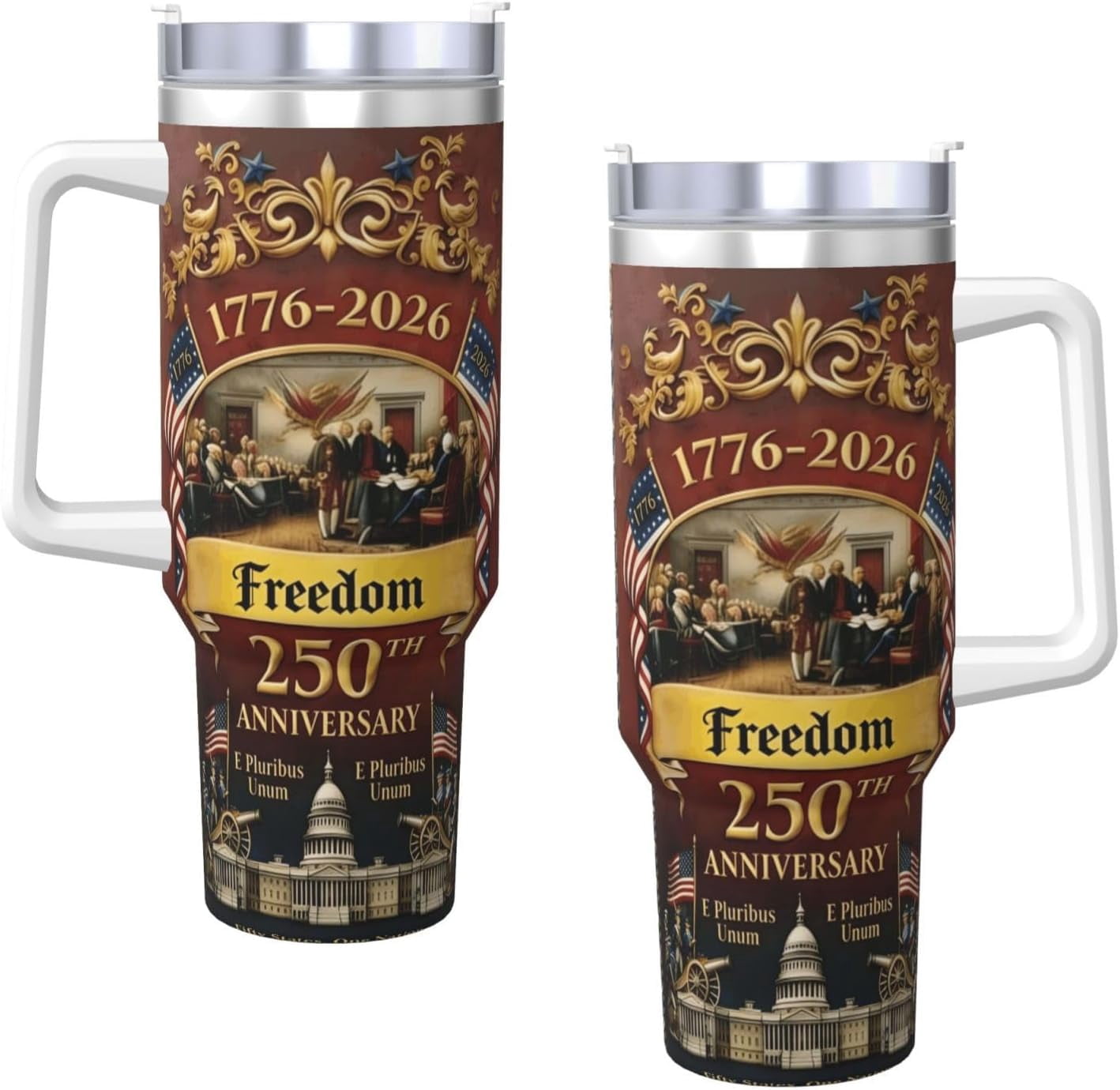 US250th Anniversary Commemorative Insulated Travel Mug with Handle and Straw, 1776-2026 Design, Stainless Steel Tumbler with Lid