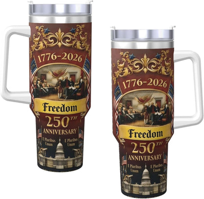US250th Anniversary Commemorative Insulated Travel Mug with Handle and Straw, 1776-2026 Design, Stainless Steel Tumbler with Lid