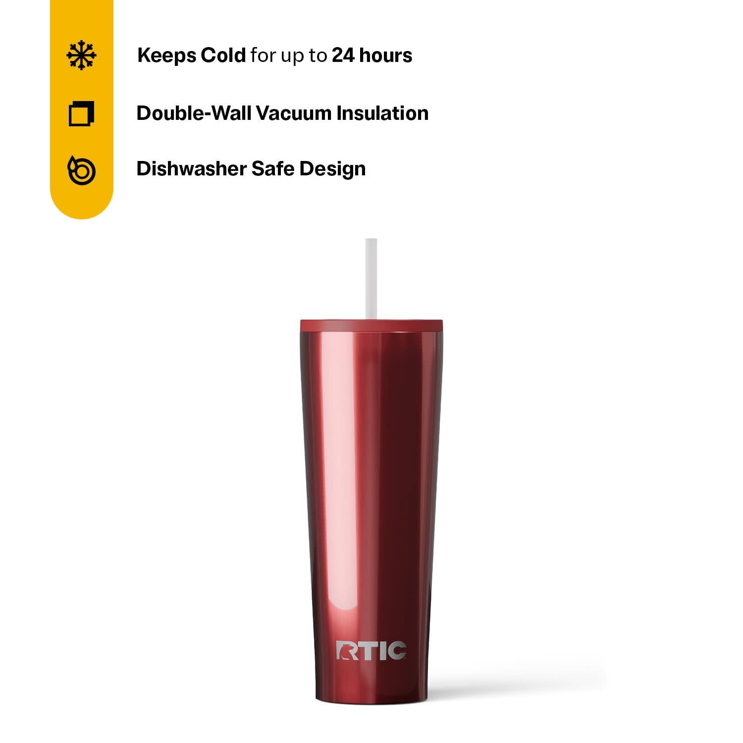 RTIC 28 oz Ceramic Lined Everyday Tumbler, Spill-Resistant Straw Lid, Black Cherry Metallic