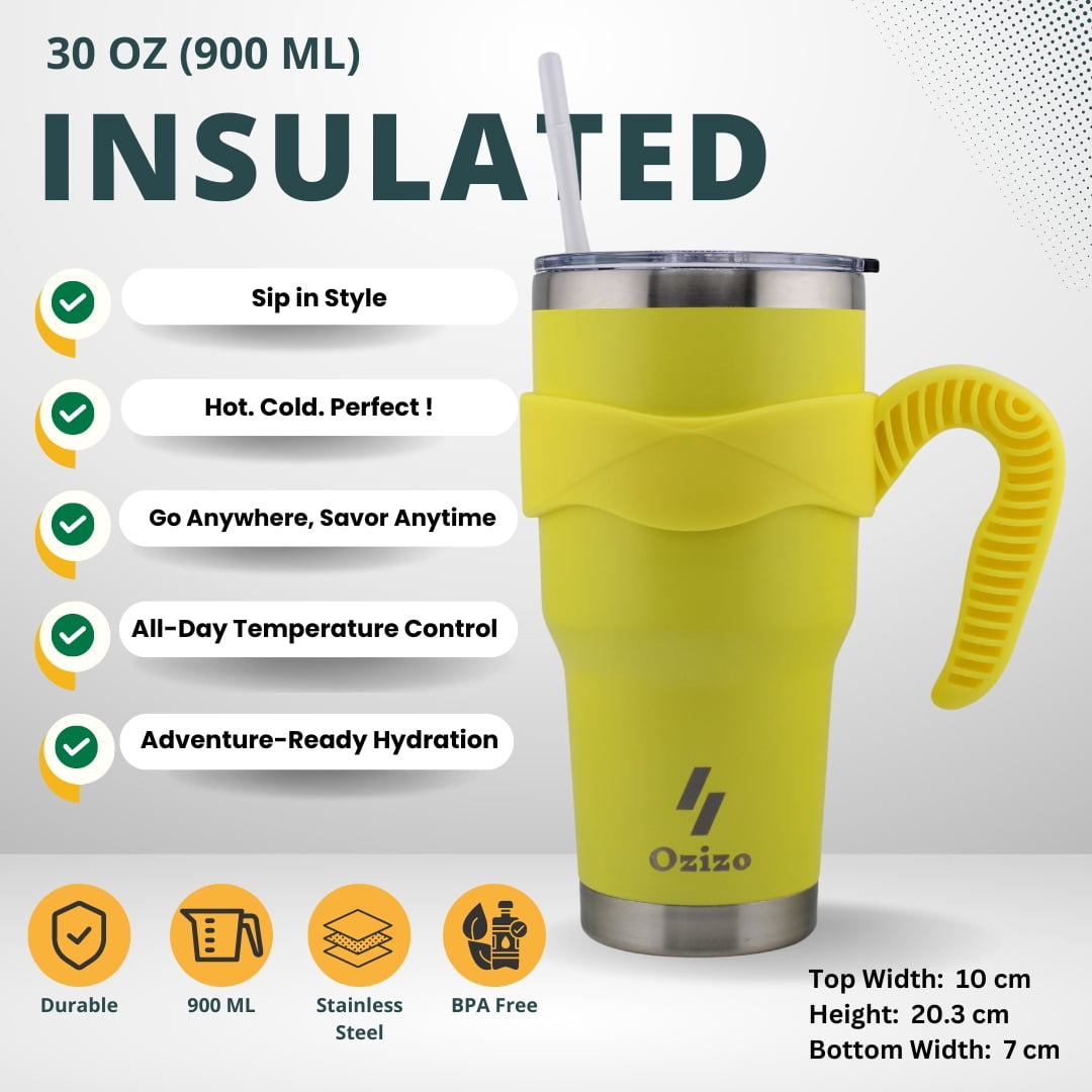 Ozizo 30oz Cup with Handle - 30 Ounce Tumbler with Handle - Tumbler with Straw 30 oz - Insulated Hot and Cold - Yellow Mustard Insulated Tumbler - Toddler Insulated Cup - Insulated Straw Cup