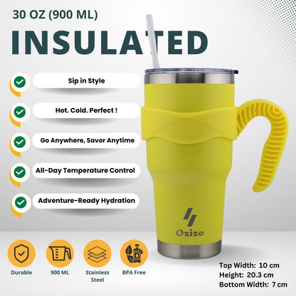 Ozizo 30oz Cup with Handle - 30 Ounce Tumbler with Handle - Tumbler with Straw 30 oz - Insulated Hot and Cold - Yellow Mustard Insulated Tumbler - Toddler Insulated Cup - Insulated Straw Cup