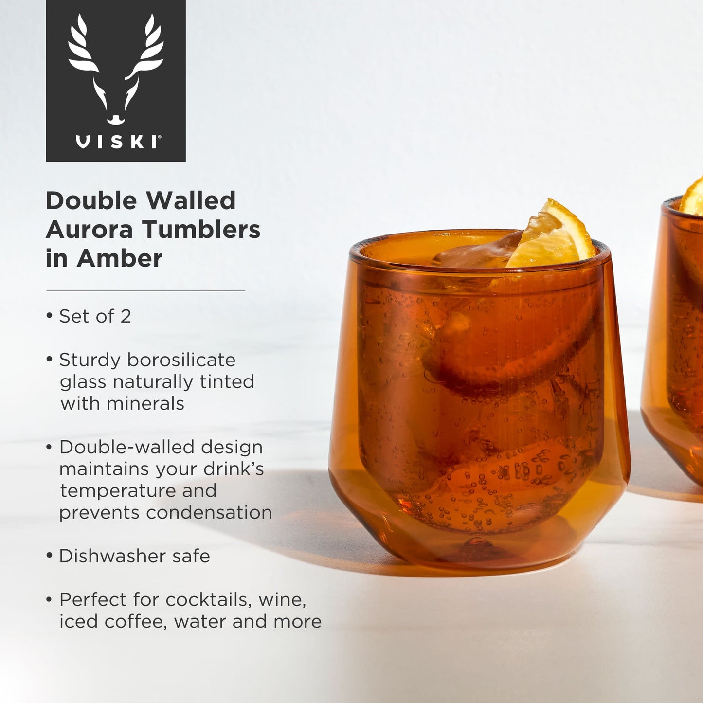 Viski Aurora Wine Glasses, Iced Coffee, Water Tumblers, 9 oz Set of 2 Amber