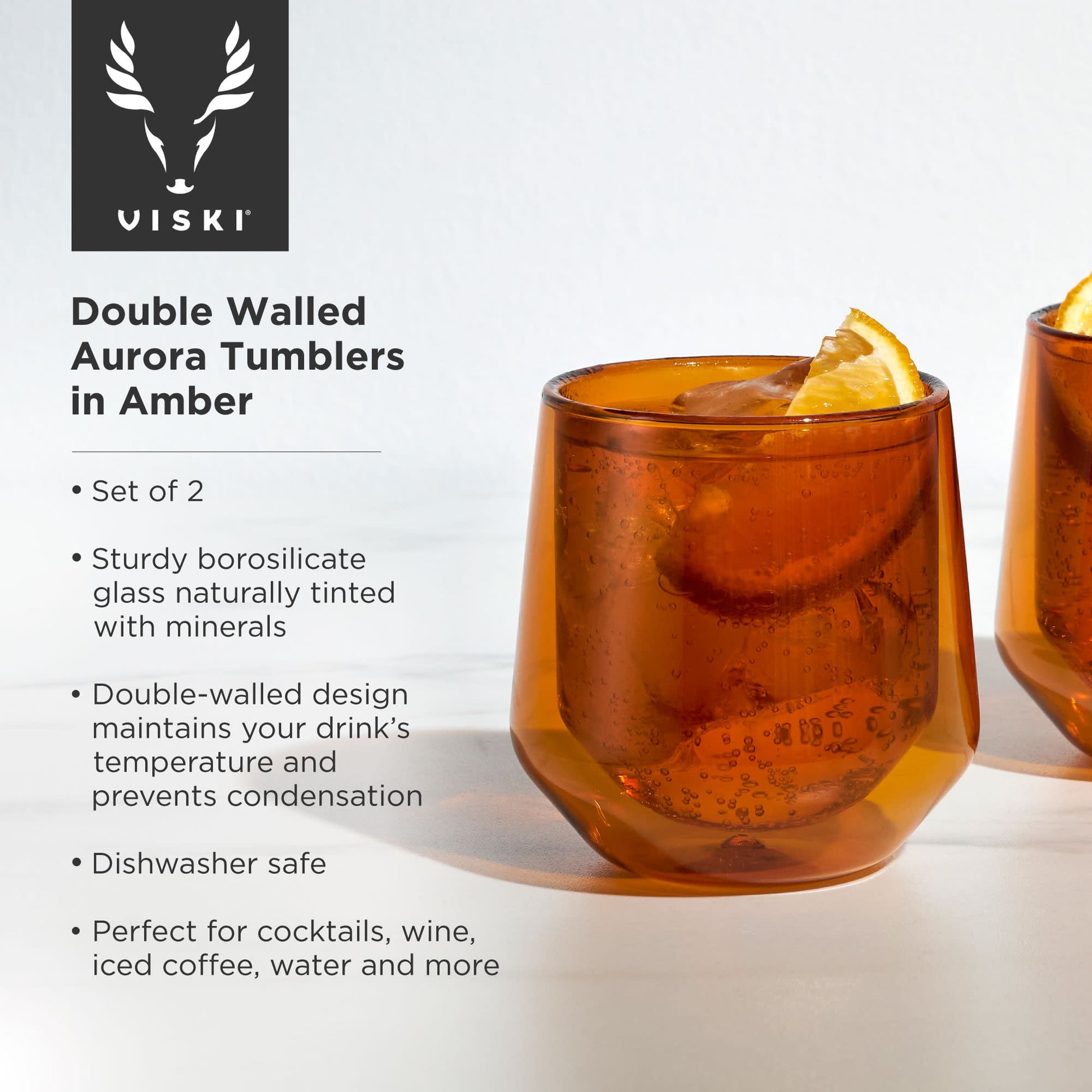 Viski Aurora Wine Glasses, Iced Coffee, Water Tumblers, 9 oz Set of 2 Amber