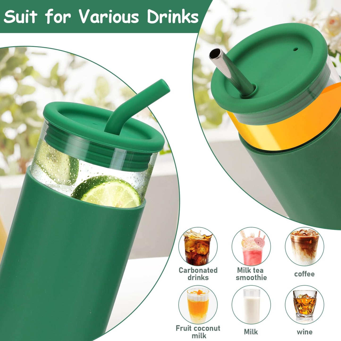 6 Pack Drinking Glasses with Silicone Lids and Glass Straw, 16 Oz  Ice Coffee Glass Cups, Smoothie Cups, Cute Tumbler Cup Great for Beer Water Outdoors(Include 6 Cleaning Brushes)