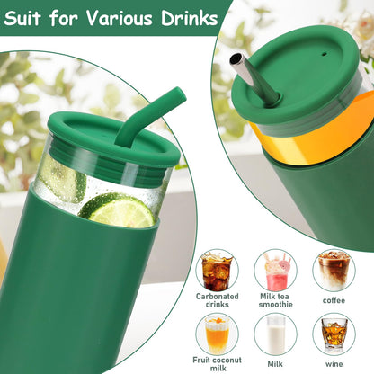 6 Pack Drinking Glasses with Silicone Lids and Glass Straw, 16 Oz  Ice Coffee Glass Cups, Smoothie Cups, Cute Tumbler Cup Great for Beer Water Outdoors(Include 6 Cleaning Brushes)