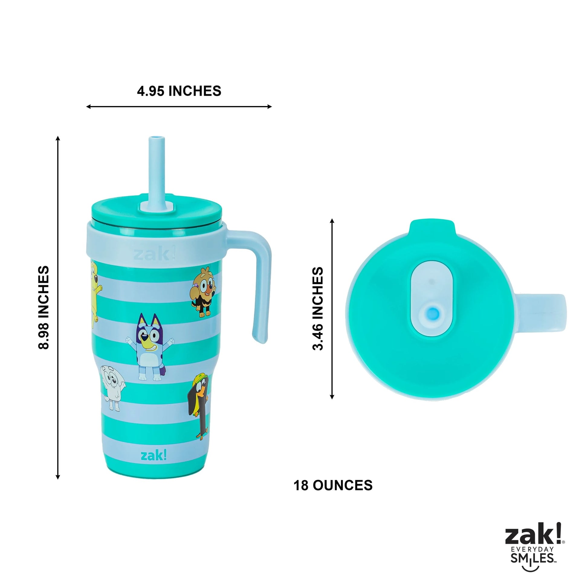 (2 pack) Zak Designs 18oz Bluey Kids Straw Handle Tumbler, Stainless Steel Vacuum Insulated Cruiser Tumbler with Silicone Straw Utilizing Leak-Proof Valve, Stripes