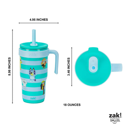 (2 pack) Zak Designs 18oz Bluey Kids Straw Handle Tumbler, Stainless Steel Vacuum Insulated Cruiser Tumbler with Silicone Straw Utilizing Leak-Proof Valve, Stripes