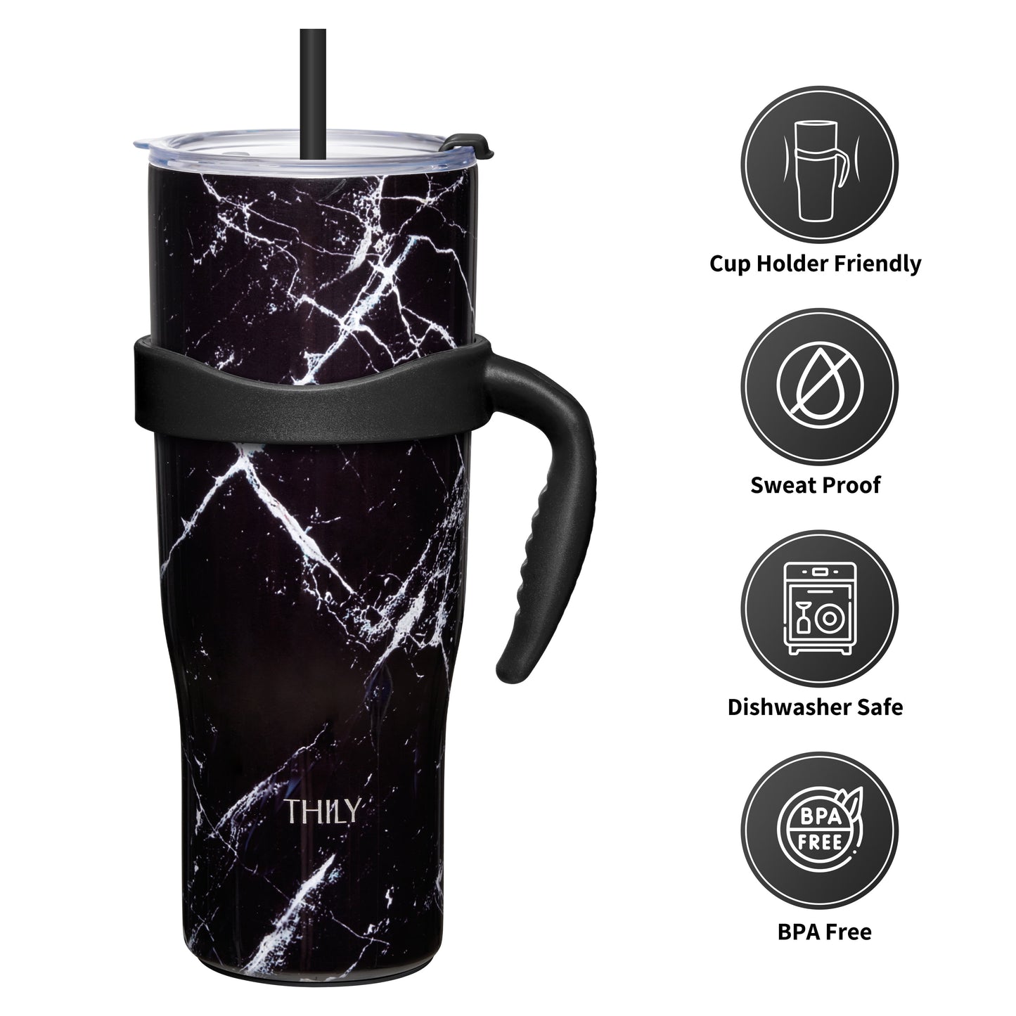 Stainless Steel Vacuum Insulated Tumbler - THILY 40 oz Coffee Travel Mug with Handle and Lids, Reusable, Sweat Proof, Keep Drinks Cold for 34 Hours or Hot for 12 Hours, BPA Free, Black Marble