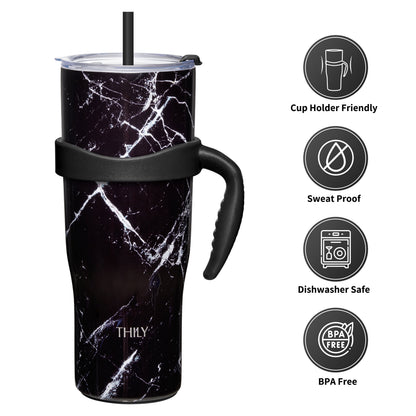 Stainless Steel Vacuum Insulated Tumbler - THILY 40 oz Coffee Travel Mug with Handle and Lids, Reusable, Sweat Proof, Keep Drinks Cold for 34 Hours or Hot for 12 Hours, BPA Free, Black Marble