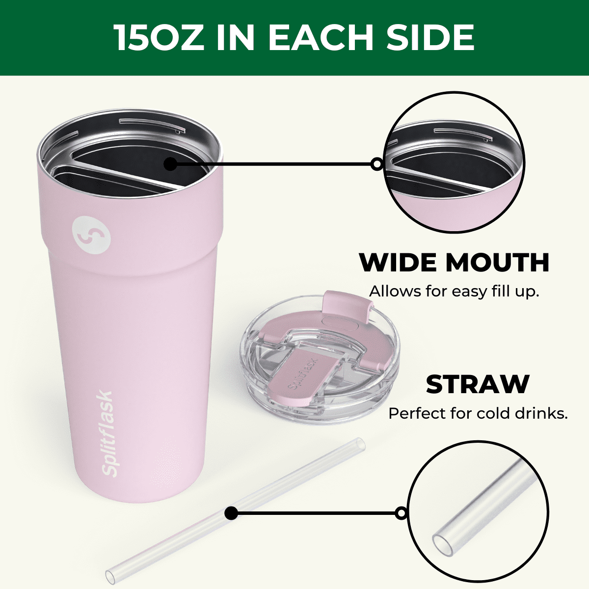 Splitflask 2-in-1 Hot & Cold Insulated Tumbler, 30oz Stainless Steel, Leak-Proof, BPA-Free, Dual Chamber, Travel Mug, Fits Cup Holder (Elle Pink)