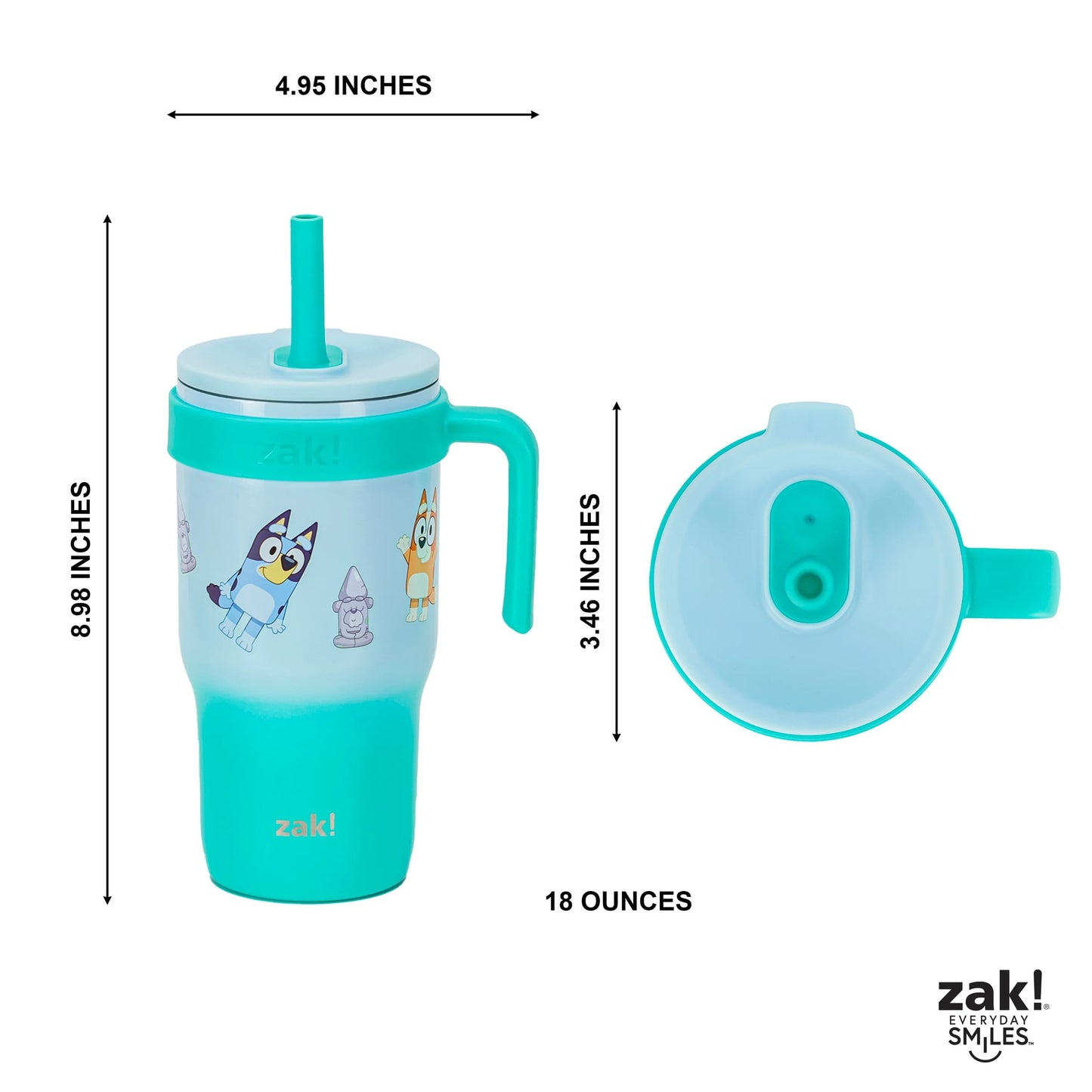 (2 pack) Zak Designs Bluey Kids Insulated Tumbler with Straw, 18oz Stainless Steel Leak-Proof Cup with Handle