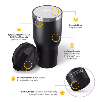 RTIC 40 oz Ceramic Lined Insulated Essential Tumbler, Leak-Resistant Lid, Black