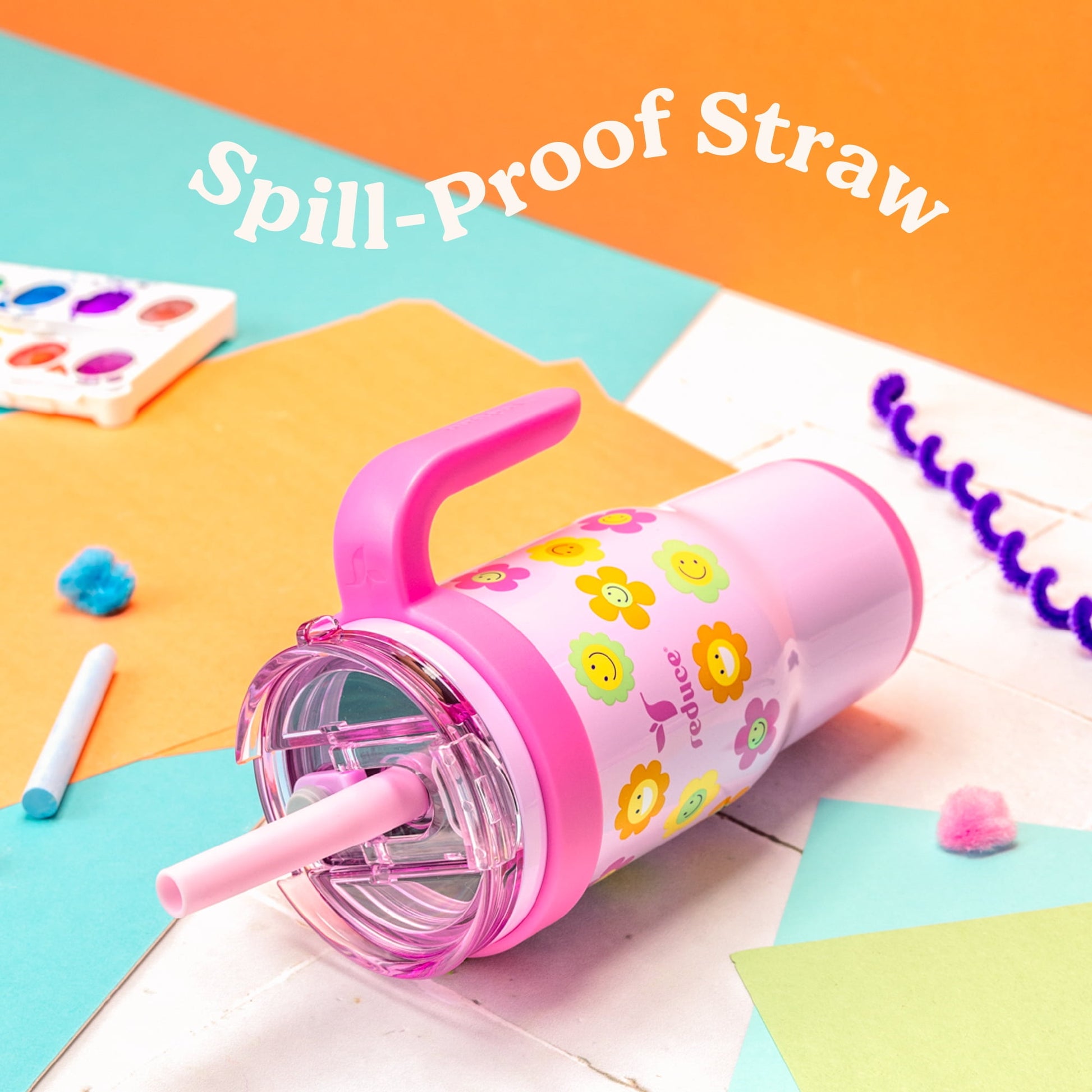 Reduce Coldee Kids Insulated Tumbler with Straw, 18oz Stainless Steel Spill-Proof Cup with Handle, Ice Cream
