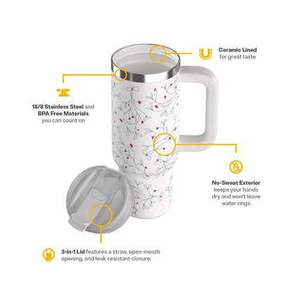 RTIC 30 oz Ceramic Lined Road Trip Tumbler, Leak-Resistant Straw Lid, Christmas, Holiday, Mistletoe