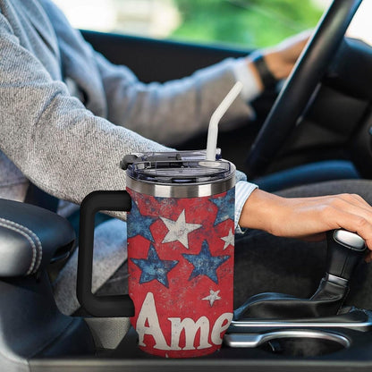 40 Oz Tumbler with Handle And Straw Red, White, And Blue America Stars Leak-proof Travel Coffee Mug Stainless Steel Insulated Cup Memorial Day Patriotic Gifts for Women & Men