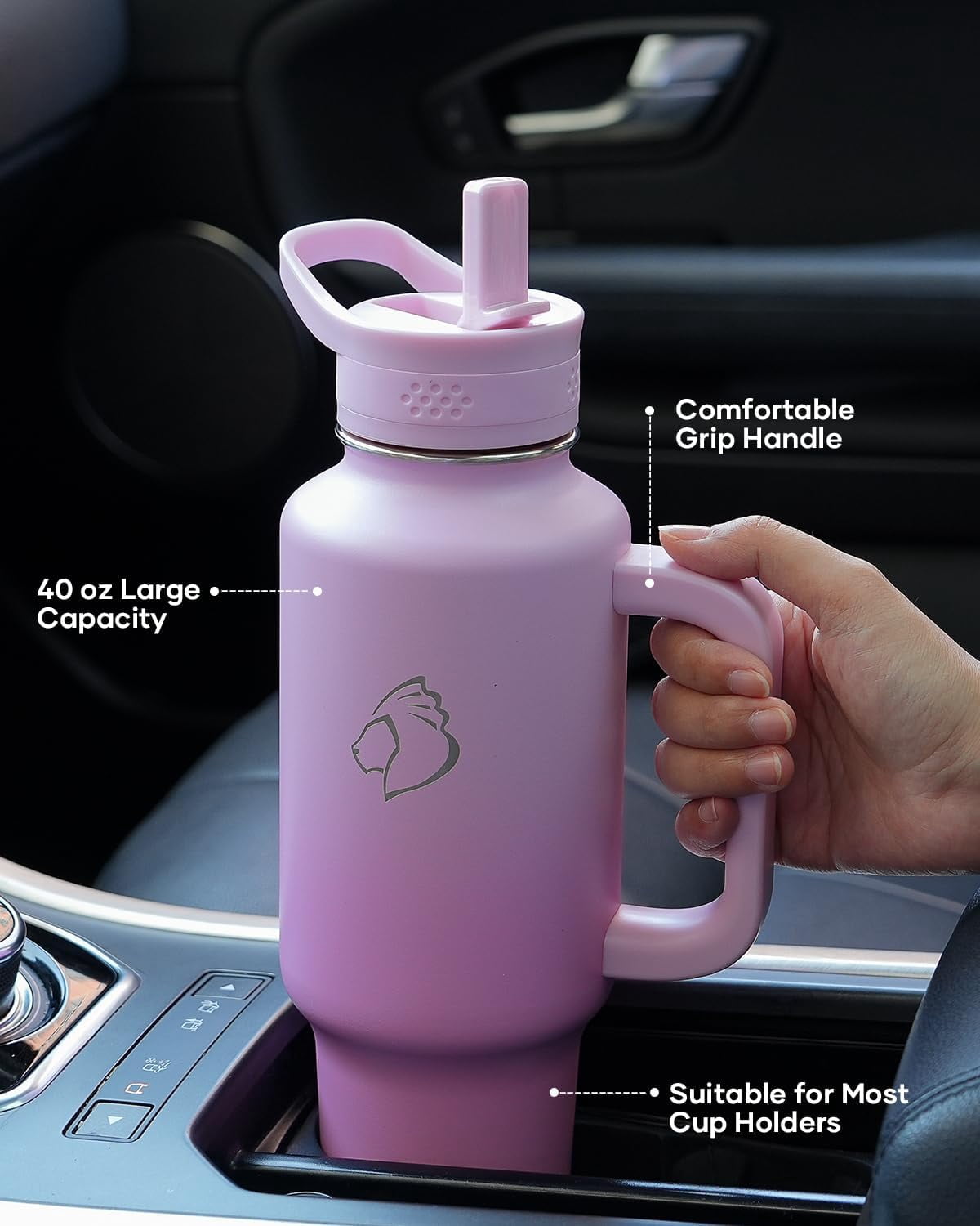 BUZIO 40 oz Water Bottle Fits in Cup Holder Insulated Tumbler with Handle Water Flask with 2 Lids Wide Mouth Travel Mug,Gradient Pink