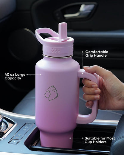 BUZIO 40 oz Water Bottle Fits in Cup Holder Insulated Tumbler with Handle Water Flask with 2 Lids Wide Mouth Travel Mug,Gradient Pink
