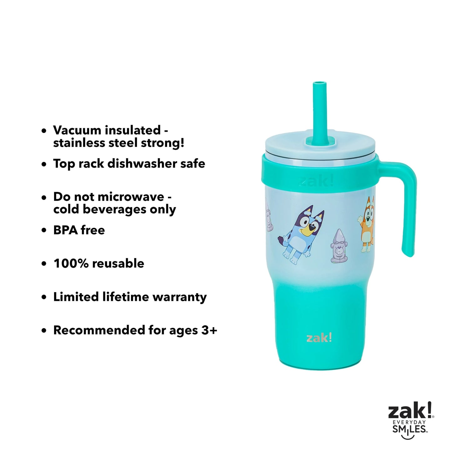 (2 pack) Zak Designs Bluey Kids Insulated Tumbler with Straw, 18oz Stainless Steel Leak-Proof Cup with Handle