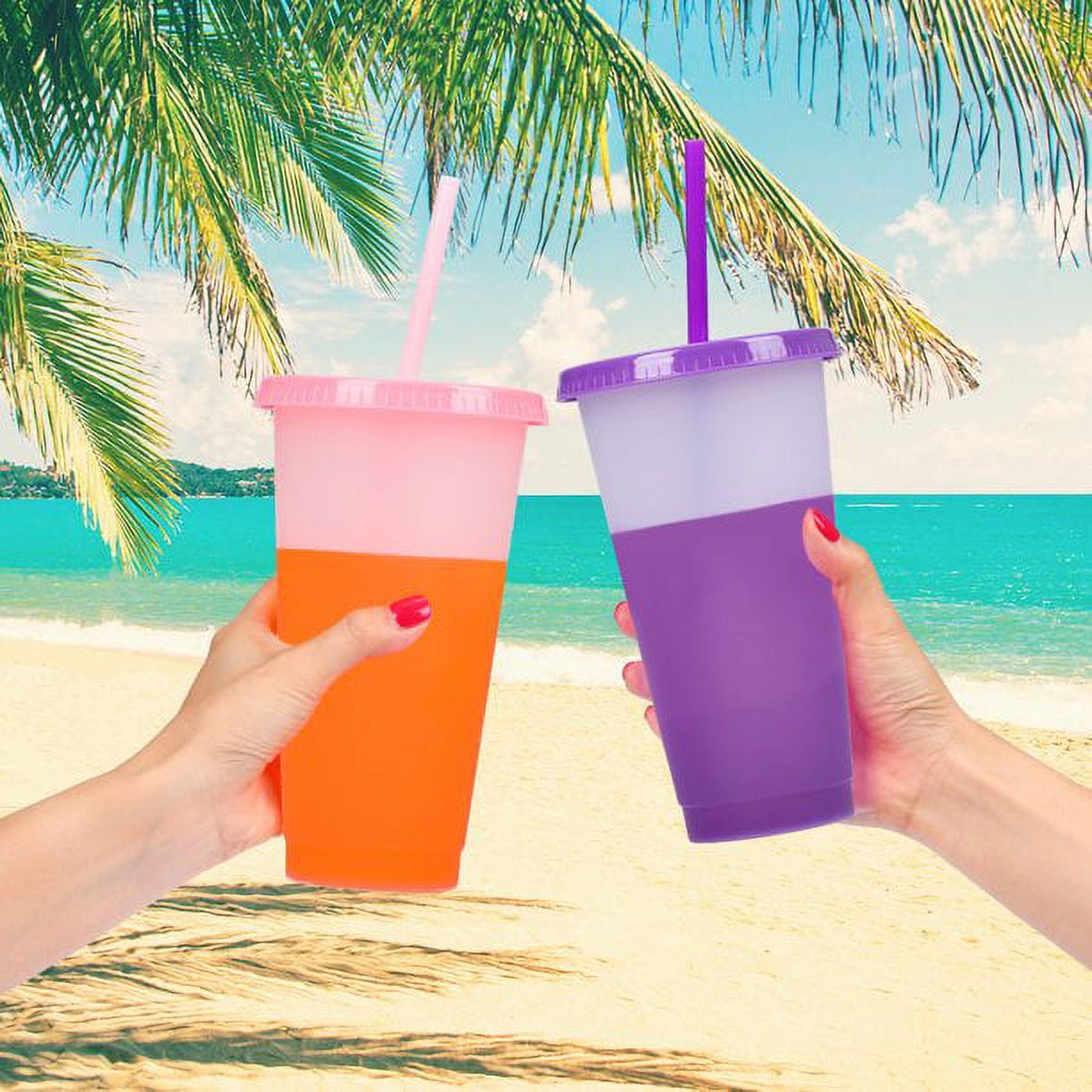 GIXUSIL 24oz Color Changing Cups Plastic Bulk Tumblers with Lids and Straws Spill Proof, 9pcs Reusable Summer Cold Drink Cups,Iced Coffee Tumblers/Party Cup for Women Adults