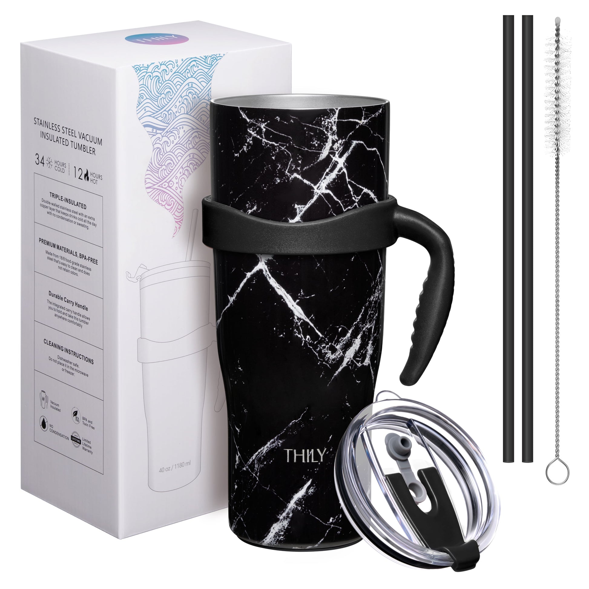 Stainless Steel Vacuum Insulated Tumbler - THILY 40 oz Coffee Travel Mug with Handle and Lids, Reusable, Sweat Proof, Keep Drinks Cold for 34 Hours or Hot for 12 Hours, BPA Free, Black Marble