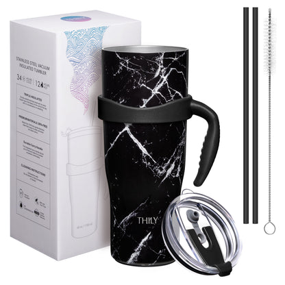 Stainless Steel Vacuum Insulated Tumbler - THILY 40 oz Coffee Travel Mug with Handle and Lids, Reusable, Sweat Proof, Keep Drinks Cold for 34 Hours or Hot for 12 Hours, BPA Free, Black Marble