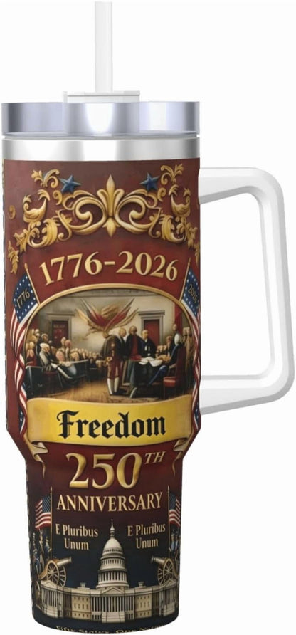 US250th Anniversary Commemorative Insulated Travel Mug with Handle and Straw, 1776-2026 Design, Stainless Steel Tumbler with Lid