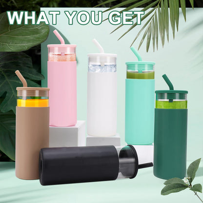 6 Pack Drinking Glasses with Silicone Lids and Glass Straw, 16 Oz  Ice Coffee Glass Cups, Smoothie Cups, Cute Tumbler Cup Great for Beer Water Outdoors(Include 6 Cleaning Brushes)