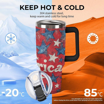 40 Oz Tumbler with Handle And Straw Red, White, And Blue America Stars Leak-proof Travel Coffee Mug Stainless Steel Insulated Cup Memorial Day Patriotic Gifts for Women & Men