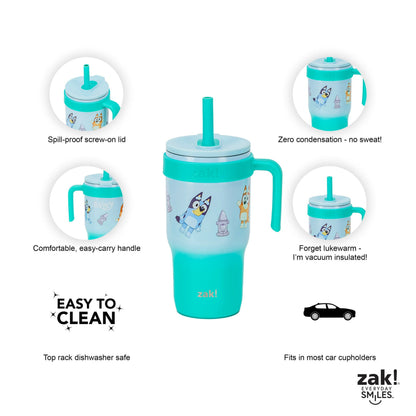 (2 pack) Zak Designs Bluey Kids Insulated Tumbler with Straw, 18oz Stainless Steel Leak-Proof Cup with Handle