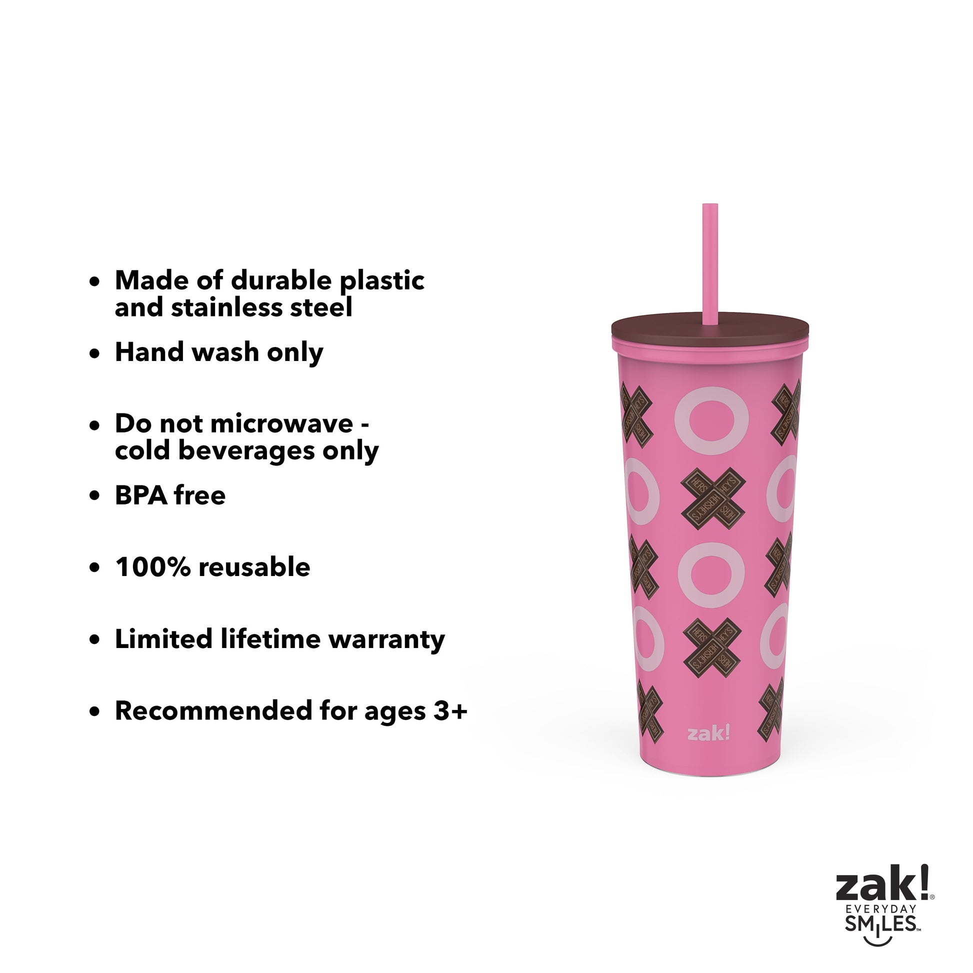 Valentine's Day 22 oz Plastic Hershey's Bar Insulated Tumbler with Straw, XO Design
